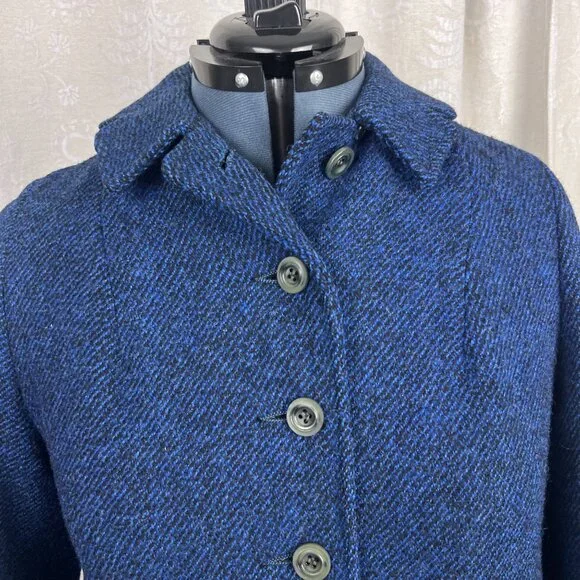 Harris Tweed blue wool overcoat vintage collared long winter coat classic flawed - Picture 3 of 14